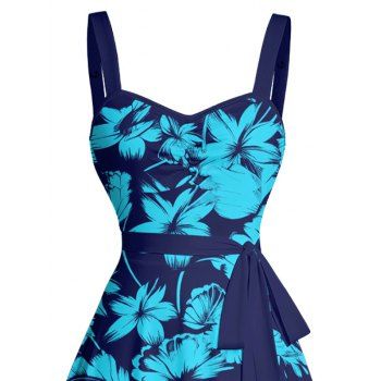 Flower Print Ruched Bust Sleeveless Belted Mini Dress 