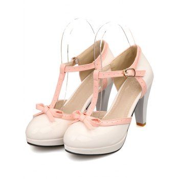 Retro T-Strap High Heels Bow Platform Round Toe Pumps Leather Sweet Shoes