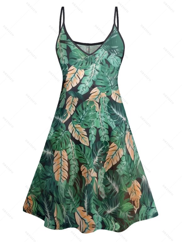 Mini Robe de Vacances à Bretelle Fine Feuille Tropicale Imprimée Partout à Col V - Vert profond XXXXXL | US 20