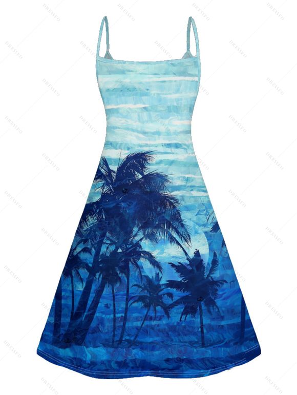 Mini Robe de Vacances Teintée Cocotier Imprimé à Bretelle Fine - Bleu XXXXXL | US 20