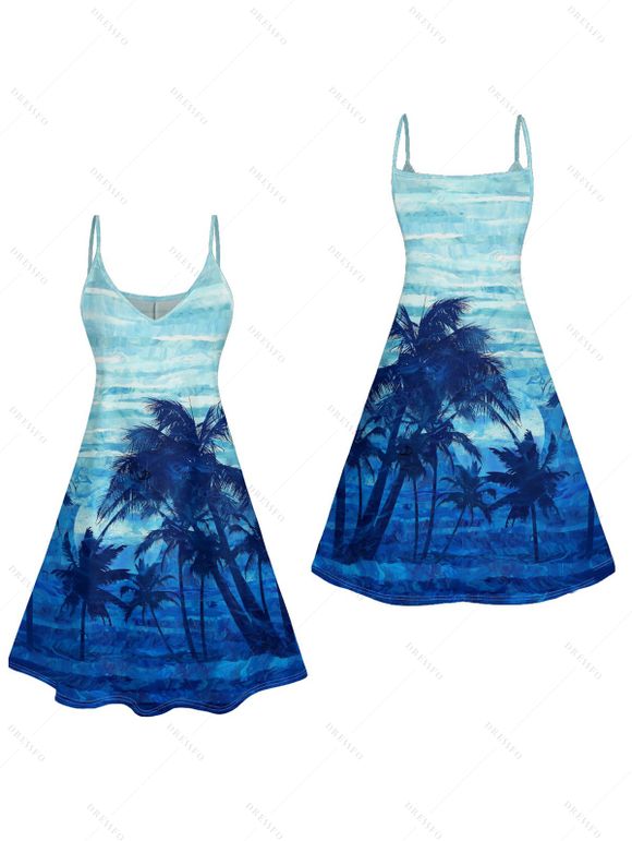 Mini Robe de Vacances Teintée Cocotier Imprimé à Bretelle Fine - Bleu XXXXXL | US 20