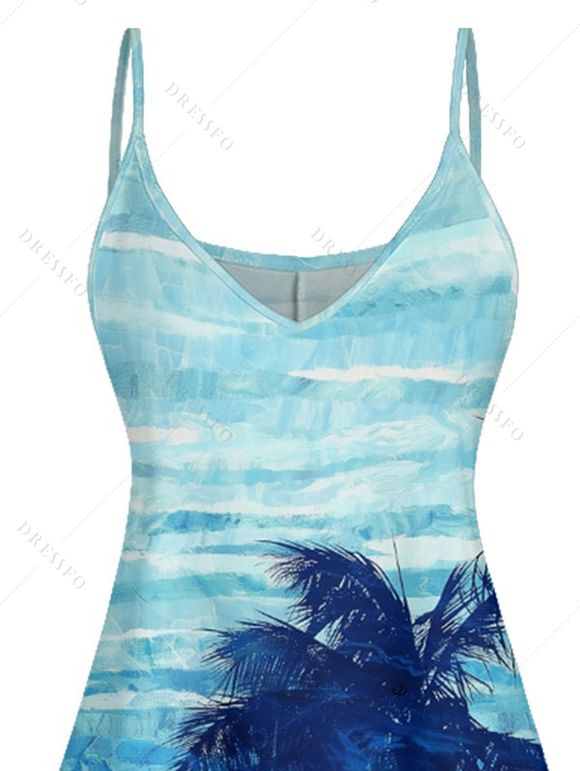 Mini Robe de Vacances Teintée Cocotier Imprimé à Bretelle Fine - Bleu XXXXXL | US 20