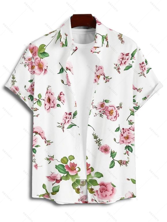 Chemise de Vacances Fleur Imprimée Boutonnée à Manches Courtes - Blanc 3XL