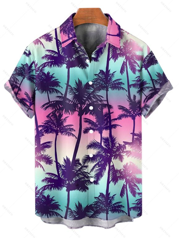 Chemise de Vacances Paysage de Palmier et Coucher du Soleil Imprimés à Manches Courtes - multicolor A 5XL