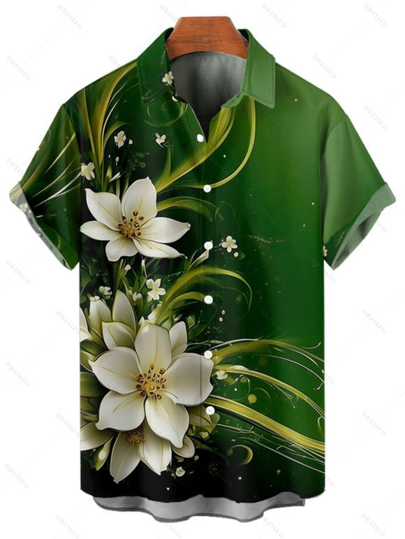 Chemise Anti-String Fleur Imprimée Boutonnée à Manches Courtes - Vert profond 5XL