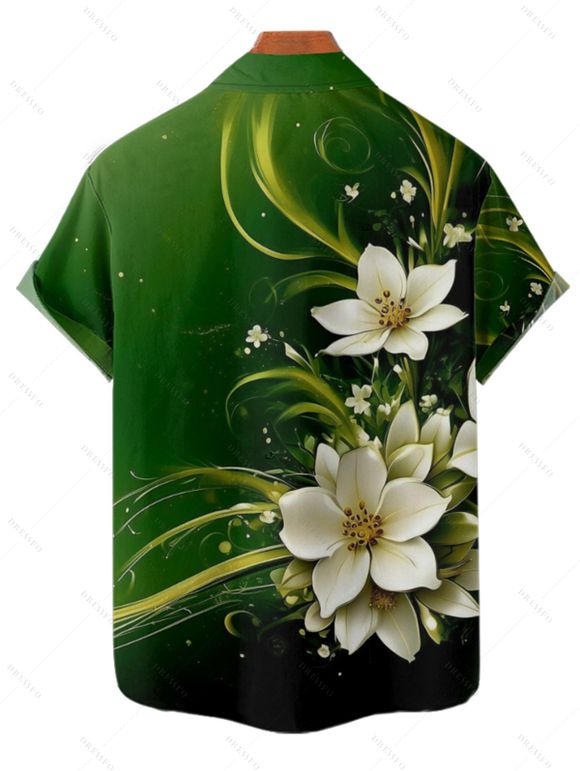 Chemise Anti-String Fleur Imprimée Boutonnée à Manches Courtes - Vert profond L