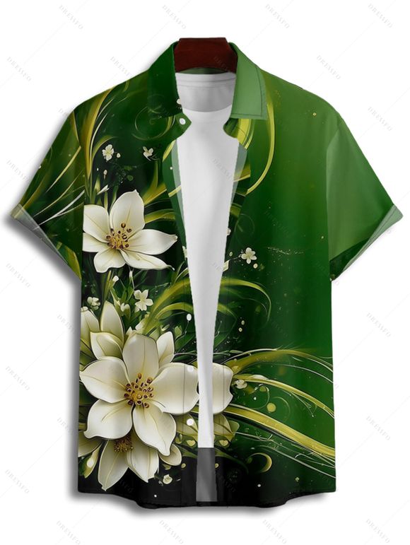 Chemise Anti-String Fleur Imprimée Boutonnée à Manches Courtes - Vert profond L
