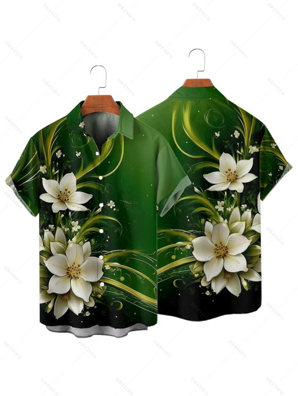 Chemise Anti-String Fleur Imprimée Boutonnée à Manches Courtes - Vert profond L