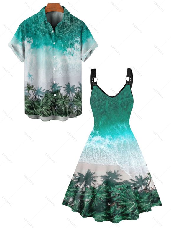 Hawaii Vacation Beach Pale TreePrint V Neck O Ring Mini Dres And Short Sleeve Shirt Matching Outfit - Vert clair S | US 4