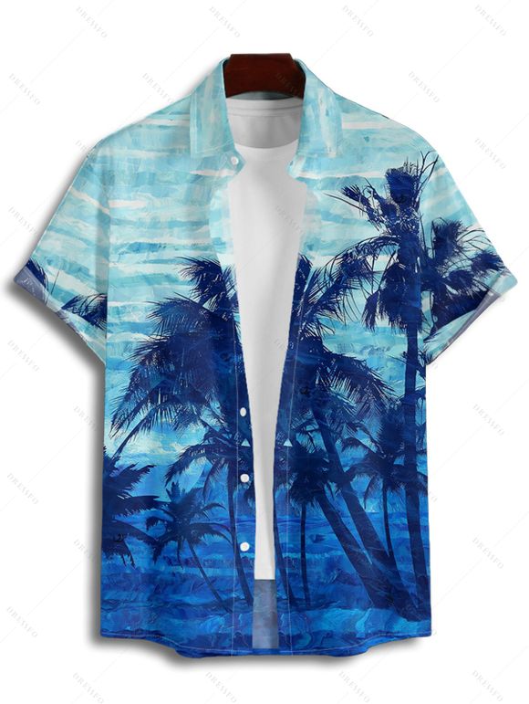 Chemise de Vacances Teintée Cocotier Imprimé à Manches Courtes - Bleu L