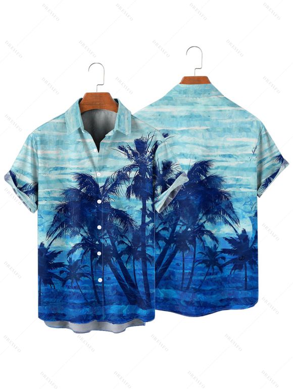 Chemise de Vacances Teintée Cocotier Imprimé à Manches Courtes - Bleu L