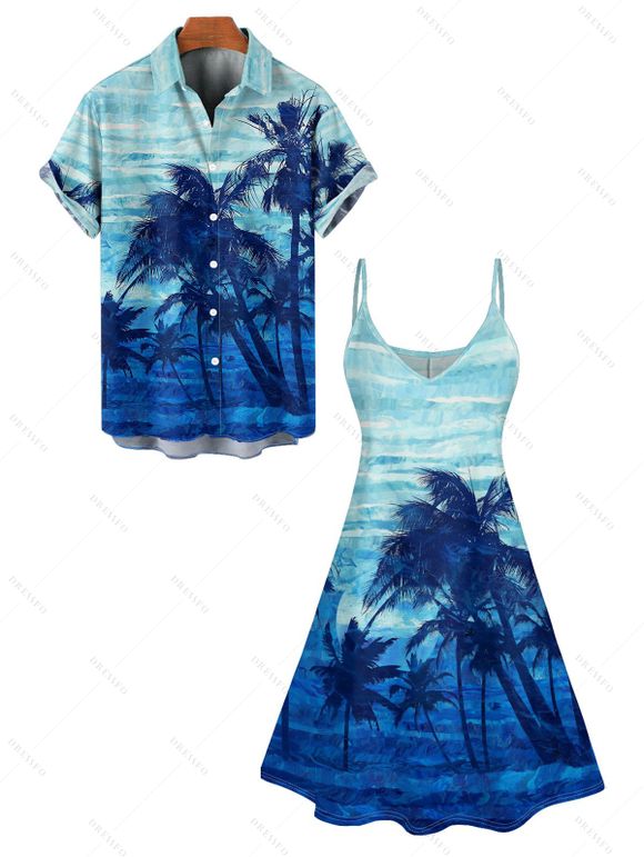 Tie Dye Coconut Tree Print V Neck Hawaii Vacation Mini Dress And Short Sleeve Shirt Matching Outfit - Bleu clair S | US 4