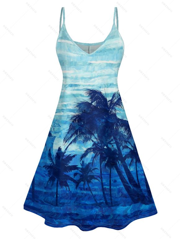 Tie Dye Coconut Tree Print V Neck Hawaii Vacation Mini Dress And Short Sleeve Shirt Matching Outfit - Bleu clair S | US 4