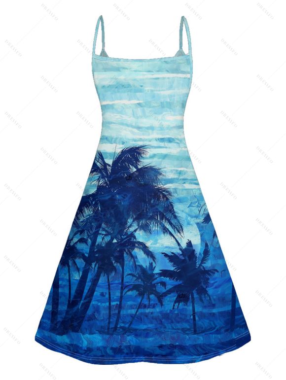 Tie Dye Coconut Tree Print V Neck Hawaii Vacation Mini Dress And Short Sleeve Shirt Matching Outfit - Bleu clair S | US 4