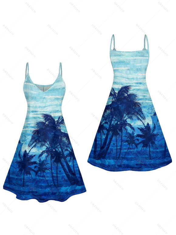 Tie Dye Coconut Tree Print V Neck Hawaii Vacation Mini Dress And Short Sleeve Shirt Matching Outfit - Bleu clair S | US 4