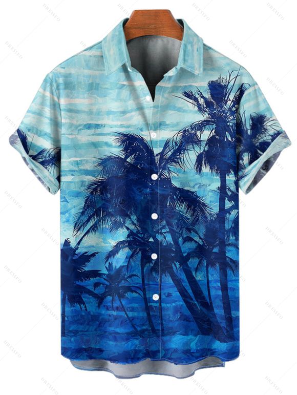 Tie Dye Coconut Tree Print V Neck Hawaii Vacation Mini Dress And Short Sleeve Shirt Matching Outfit - Bleu clair S | US 4