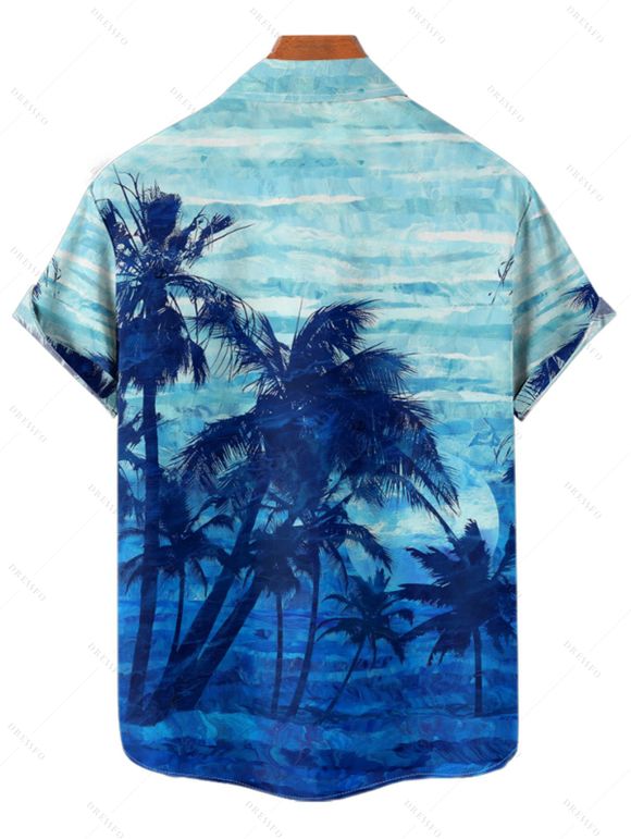 Tie Dye Coconut Tree Print V Neck Hawaii Vacation Mini Dress And Short Sleeve Shirt Matching Outfit - Bleu clair S | US 4