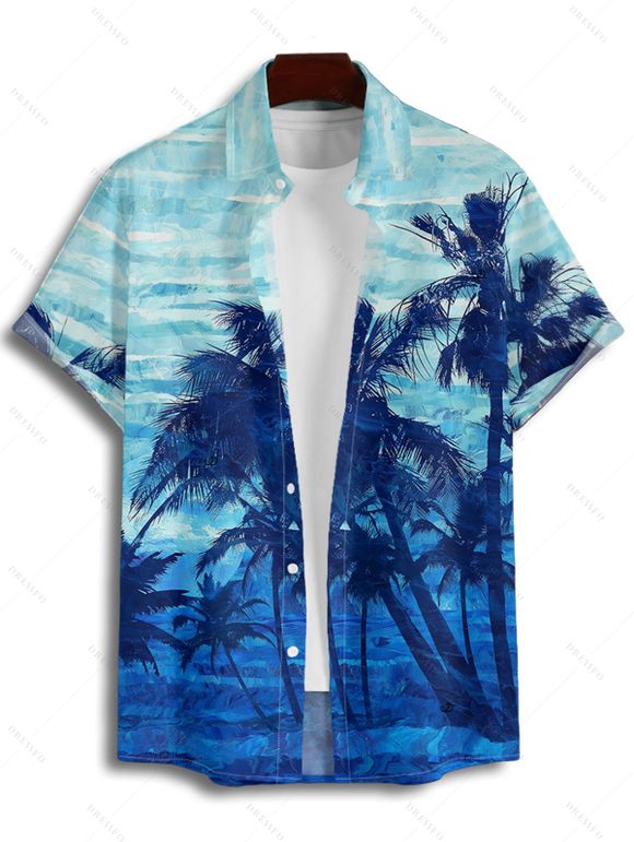 Tie Dye Coconut Tree Print V Neck Hawaii Vacation Mini Dress And Short Sleeve Shirt Matching Outfit - Bleu clair S | US 4