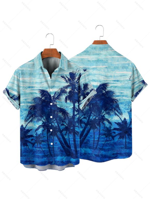 Tie Dye Coconut Tree Print V Neck Hawaii Vacation Mini Dress And Short Sleeve Shirt Matching Outfit - Bleu clair S | US 4