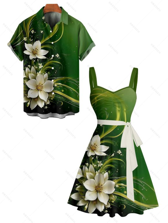 Flower Print Ruched Bust Belted St. Patrick's Day Dress And Short Sleeve Shirt Matching Outfit - Vert profond S | US 4