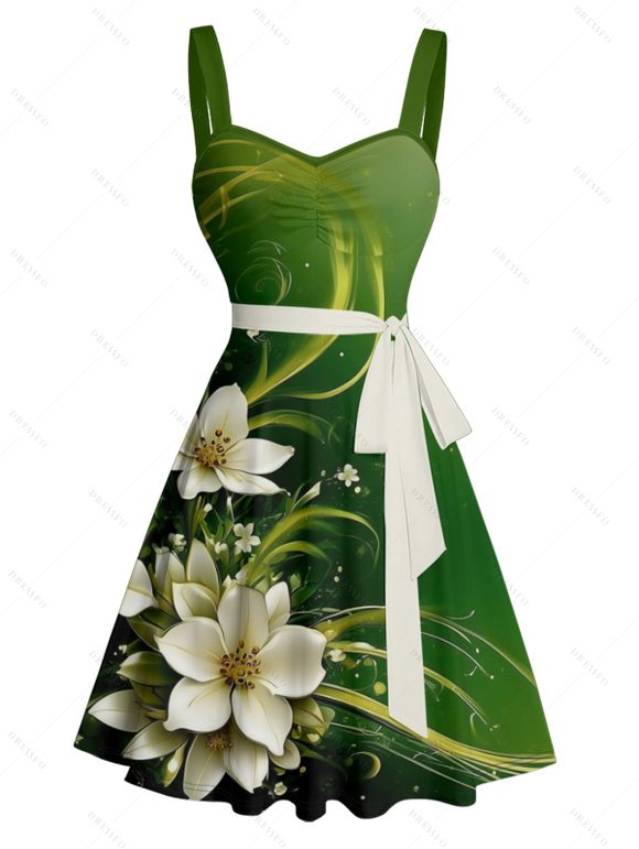 Flower Print Ruched Bust Belted St. Patrick's Day Dress And Short Sleeve Shirt Matching Outfit - Vert profond S | US 4