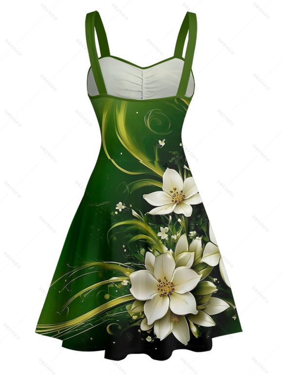 Flower Print Ruched Bust Belted St. Patrick's Day Dress And Short Sleeve Shirt Matching Outfit - Vert profond S | US 4