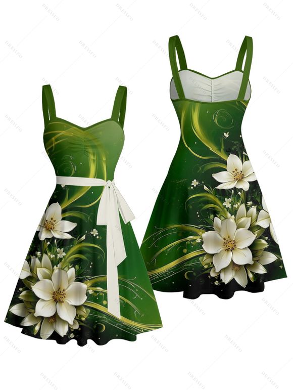 Flower Print Ruched Bust Belted St. Patrick's Day Dress And Short Sleeve Shirt Matching Outfit - Vert profond S | US 4