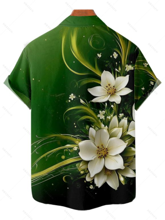 Flower Print Ruched Bust Belted St. Patrick's Day Dress And Short Sleeve Shirt Matching Outfit - Vert profond S | US 4