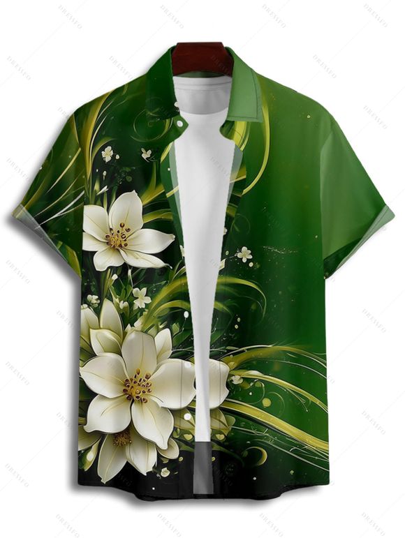 Flower Print Ruched Bust Belted St. Patrick's Day Dress And Short Sleeve Shirt Matching Outfit - Vert profond S | US 4