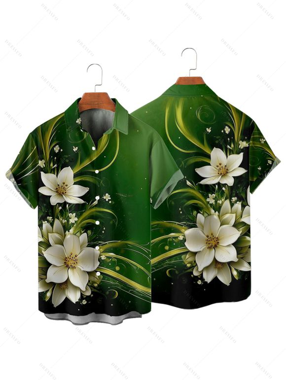 Flower Print Ruched Bust Belted St. Patrick's Day Dress And Short Sleeve Shirt Matching Outfit - Vert profond S | US 4