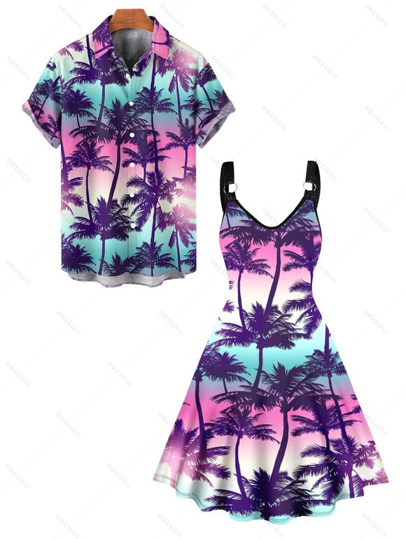 Hawaii Vacation Palm Tree Sunset Print V Neck O Ring A Line Dress And Short Sleeve Shirt Matching Outfit - multicolor A S | US 4