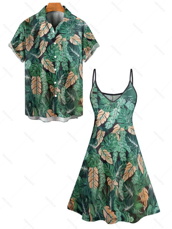 Allover Tropical Leaf Print Mini Vacation Dress And Short Sleeve Shirt Matching Outfit - Vert profond S | US 4