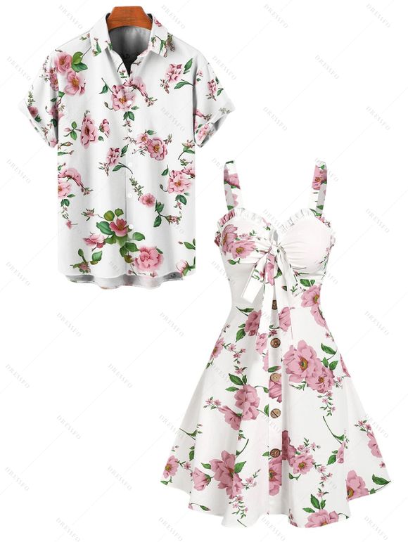 Flower Print Bowknot Ruffled Mini Dress And Short Sleeve Shirt Matching Outfit - Blanc S | US 4