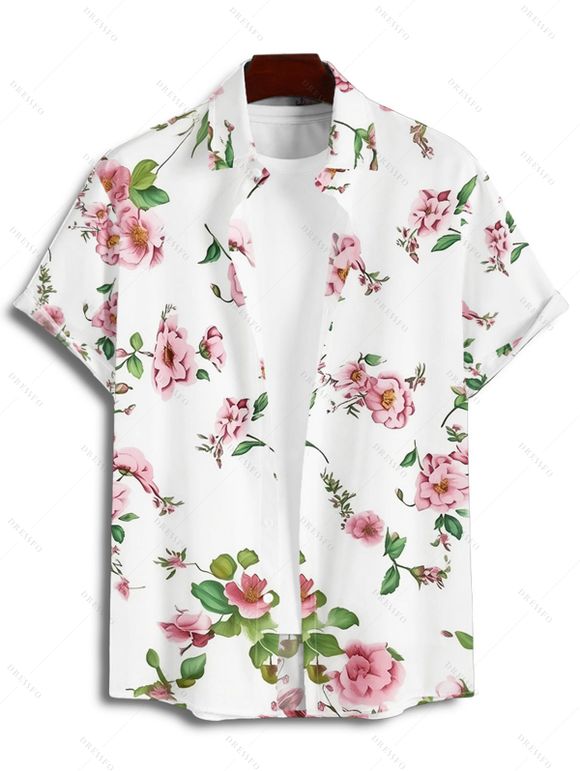 Flower Print Bowknot Ruffled Mini Dress And Short Sleeve Shirt Matching Outfit - Blanc S | US 4