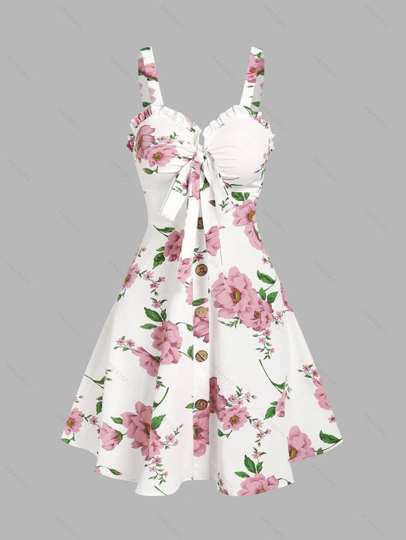 Flower Print Bowknot Ruffled Mini Dress And Short Sleeve Shirt Matching Outfit - Blanc S | US 4