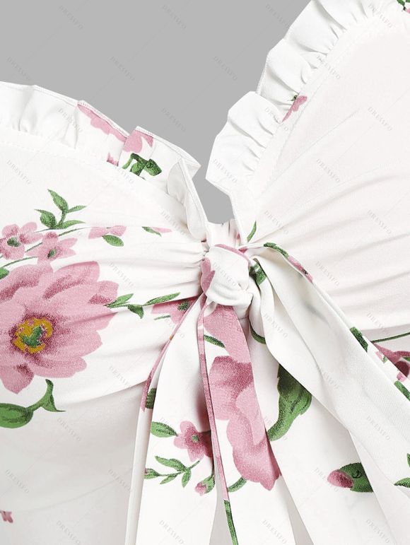 Flower Print Bowknot Ruffled Mini Dress And Short Sleeve Shirt Matching Outfit - Blanc S | US 4