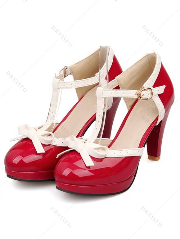 Retro T-Strap High Heels Bow Platform Round Toe Pumps Leather Sweet Shoes - Rouge EU 41