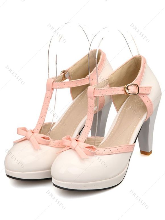 Retro T-Strap High Heels Bow Platform Round Toe Pumps Leather Sweet Shoes - Blanc EU 43