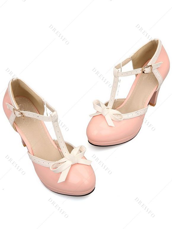 Retro T-Strap High Heels Bow Platform Round Toe Pumps Leather Sweet Shoes - Rose clair EU 43