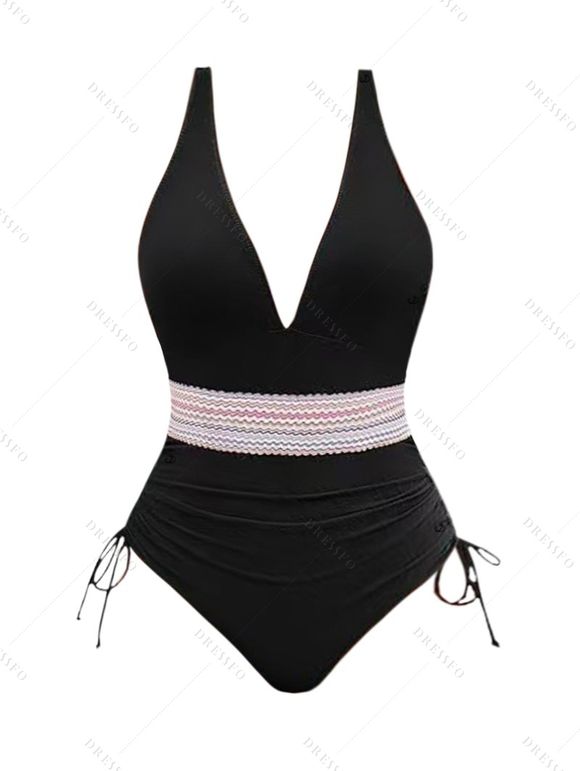 Maillot de Bain Zigzag Imprimé en Couleur Contrastée à Col Plongeant Une-Pièce - Noir XXL | US 12