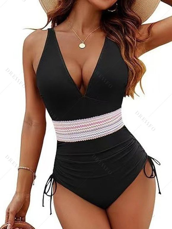 Maillot de Bain Zigzag Imprimé en Couleur Contrastée à Col Plongeant Une-Pièce - Noir XL | US 10