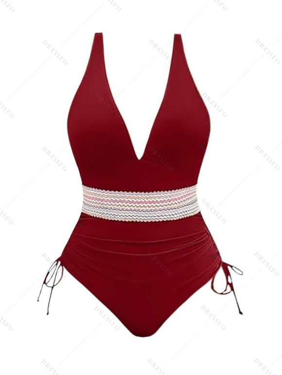 Maillot de Bain Zigzag Imprimé en Couleur Contrastée à Col Plongeant Une-Pièce - Rouge foncé XXL | US 12