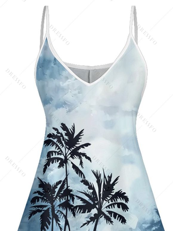 Mini Robe de Vacances Hawaïen Palmier Imprimé à Bretelle Fine - Bleu XL | US 12