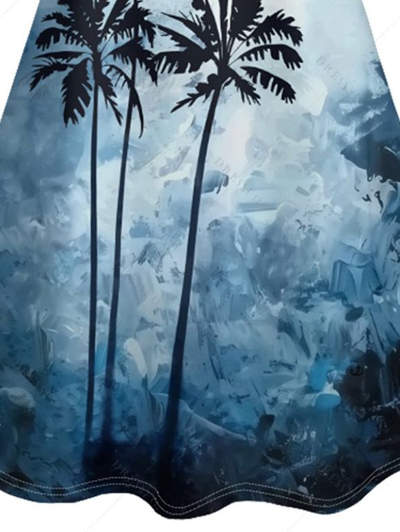 Mini Robe de Vacances Hawaïen Palmier Imprimé à Bretelle Fine - Bleu XL | US 12