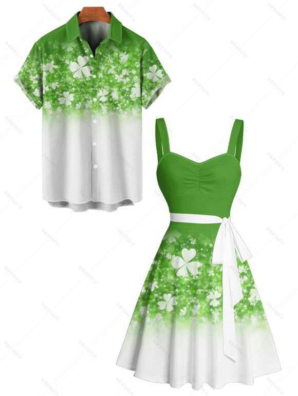 St. Patrick's Day Lucky Clover Print Belted Mini Dress And Short Sleeve Shirt Matching Outfit - Vert S | US 4