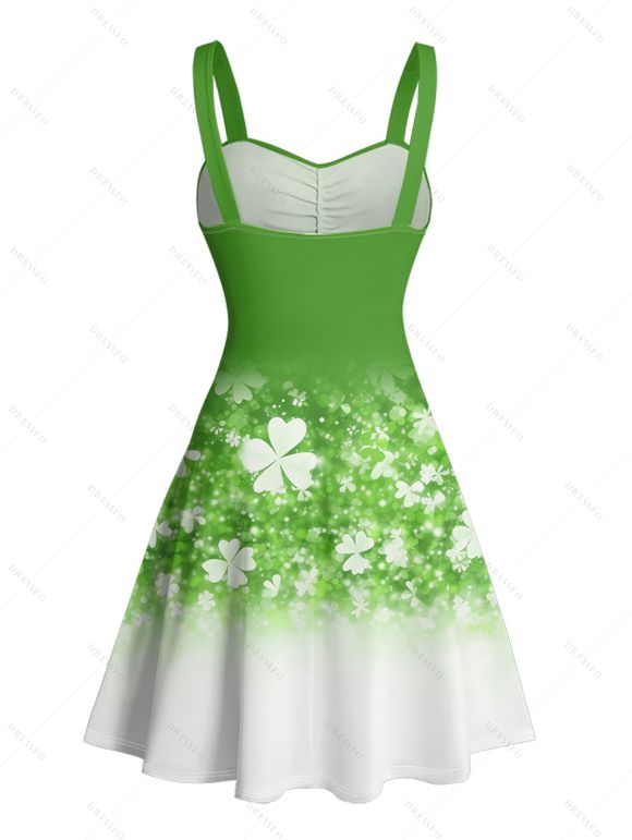 St. Patrick's Day Lucky Clover Print Belted Mini Dress And Short Sleeve Shirt Matching Outfit - Vert S | US 4