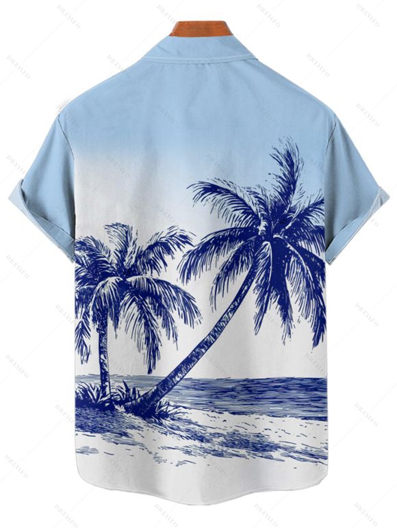 Chemise de Plage de Vacances Arbre de Palmier Imprimée Boutonnée à Manches Courtes - Bleu clair XL