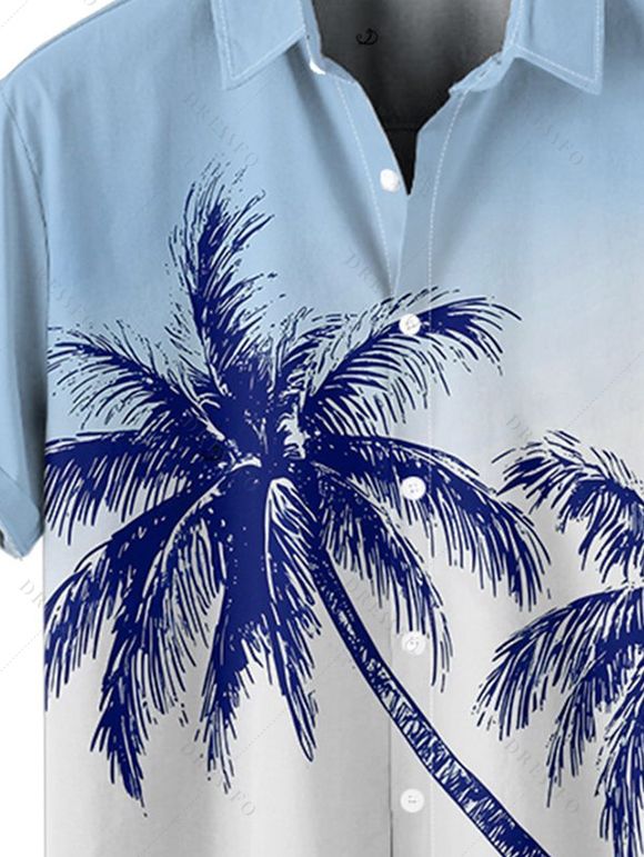 Chemise de Plage de Vacances Arbre de Palmier Imprimée Boutonnée à Manches Courtes - Bleu clair XL