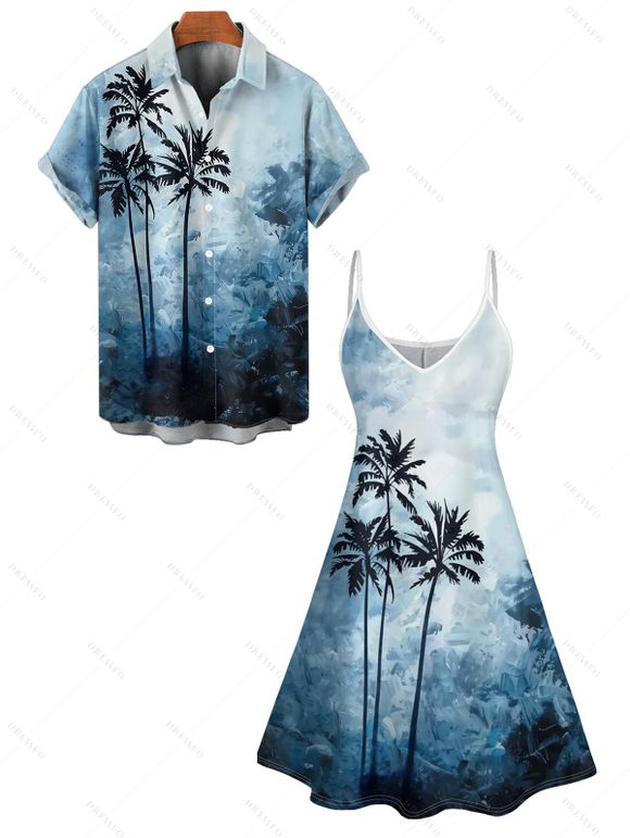 Tie Dye Palm Tree Print V Neck Hawaii Vacation And Short Sleeve Shirt Matching Outfit - Bleu S | US 4