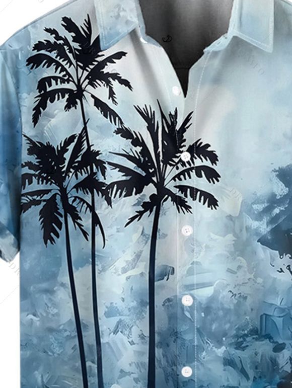 Chemise de Vacances Boutonnée Arbre de Palmier Imprimée à Manches Courtes - Bleu XL